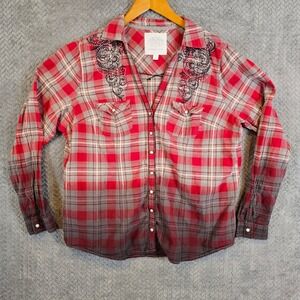 Maurices Premium Red Ombre Plaid Western Snap Button Shirt‎ Rhinestone Size 2